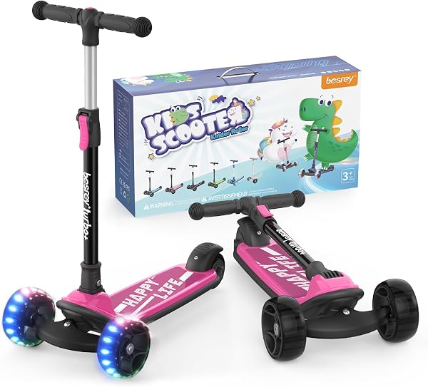 besrey キックスクーター キックボード子供 キッズスクーター 三輪車 3輪タイプ 4階段調節可能 方向転換 後輪ブレーキ 高さ調整可能 光るLEDタイヤ 軽量 持ち運び便利 多機能 コンパクト 静音 誕生日 プレゼント ピンク - 1