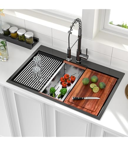 33 Drop In Black Workstation Kitchen Sink, VAPSINT 33x22 Inch Drop In Gunmetal Black Stainless Steel Kitchen Sink, Topmount Single Bowl Handmade Farmhouse Sinks With Accessories - View #11
