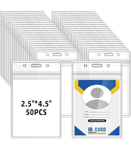Tanstic 50-Pack Vertical Badge Holders With Metal Clips - Clear PVC ID Card Sleeves (2.67" X 4.52")