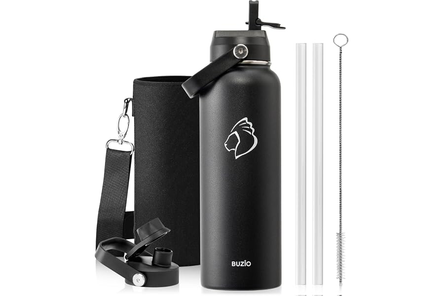 BUZIO 1180 ml Insulated Drink Bottle with Dust-Proof Straw Lid & Spout Lid | 40 oz Triple Wall Vacuum Stainless Steel Metal W