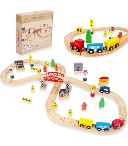 Amazon | 60ピース 列車セット 3歳の男の子用 両面 木製列車セット