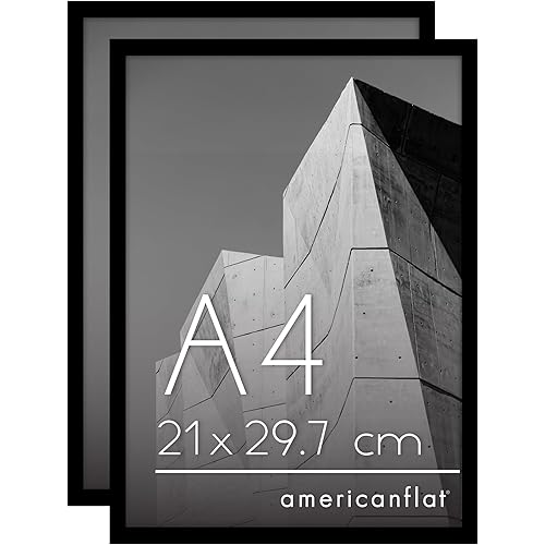 Americanflat A4 額縁 フォトフレーム 2個セット 耐衝撃ガラス付き 細枠デザイン（壁掛け・卓上対応） - ブラック（ストリームラインコレクション）