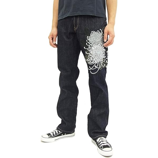 Amazon | [花旅楽団] Script 和柄 デニムパンツ SP-601 抱付髑髏刺繍