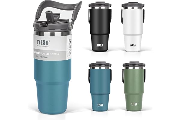 TYESO タンブラー ストロー付き 750ml コーヒー 水筒 魔法瓶 保温保冷 取っ手付ケトル 真空断熱 二重構造 広口 大容量 直飲み 漏れない ホームオフィス アウトドア 女の子 男の子 ネイビー