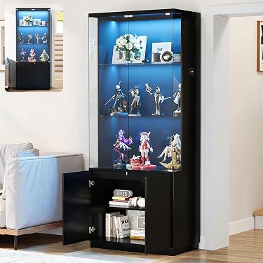 ガラスディスプレイキャビネット 7色LEDライト搭載 強化ガラス棚板 ブラック Amazon.co.jp 最新リリース: ガラスディスプレイキャビネット の新着