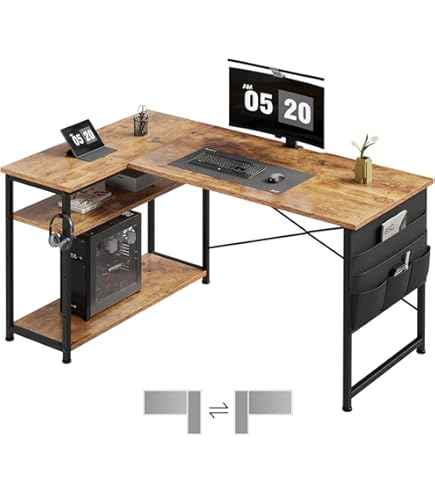 Amazon | 机、L字型デスク、リバーシブル棚付き47インチコンピューター
