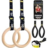 Double Circle Wood Gymnastics Rings with Quick Adjust Numbered Straps and Exercise Videos Guide - Full Body Workout Rings, Ca