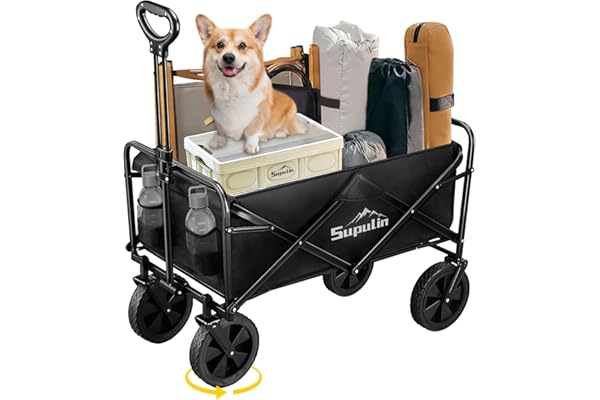 Supulin キャリーワゴン キャリーカート 折り畳み 大容量100L 耐荷重100kg アウトドアワゴン キャンプカート ワイドタイヤ 頑丈 軽量 ワンタッチ収束式 コンパクト アウトドア キャンプ 釣り 運動会 花見 ブラック