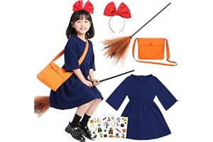 [COZENRE] 魔女キキ コスプレ 子供 ハロウィン 仮装【リボンカチューシャ+ワンピース+バッグ+ほうき+ハロウィンシール*3】7点セット 衣装 cosplay コスチューム レディース 子供コスプレ 女の子 萌え 可愛い 魔女の宅配屋さん 舞台演出服 文化祭 学園祭 子供用