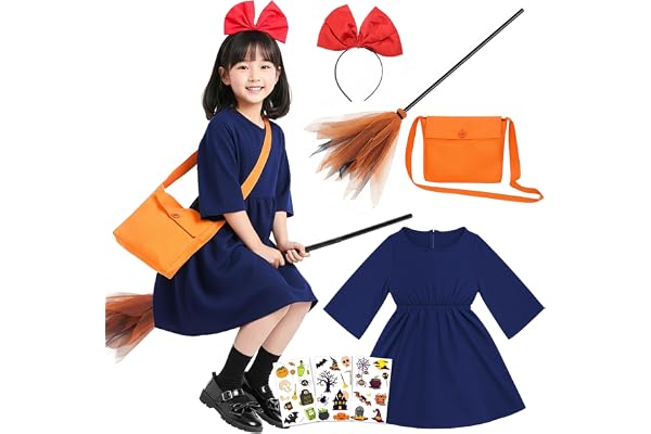 [COZENRE] 魔女キキ コスプレ 子供 ハロウィン 仮装【リボンカチューシャ+ワンピース+バッグ+ほうき+ハロウィンシール*3】7点セット 衣装 cosplay コスチューム レディース 子供コスプレ 女の子 萌え 可愛い 魔女の宅配屋さん 舞台演出服 文化祭 学園祭 子供用