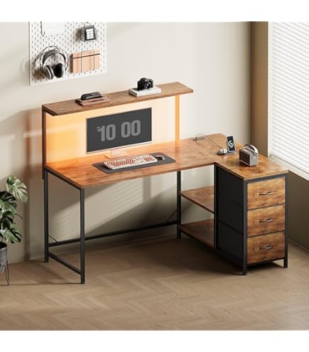 Amazon.co.jp: MoonMeguriデスク L型 可動モニター台・引き出し付き 幅