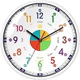 Time Teacher Wall Clock Learn to Tell The Time Wall Clock Colorfull Non Ticking for Kids,Girls,Boys Classroom,Bedroom,Living 