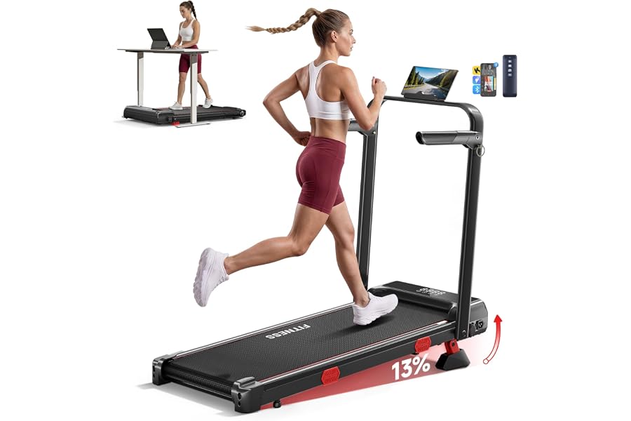 RHYTHM FUN Walking Pad Treadmill,13% Incline Walking Pad with Handle Bar, Under Desk Treadmills for Home Office, Foldable Run