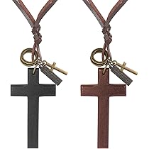 羽根と木製の十字架のペンダント ペンダント 大きなウッドクロスレザーネックレス 木製 十字架