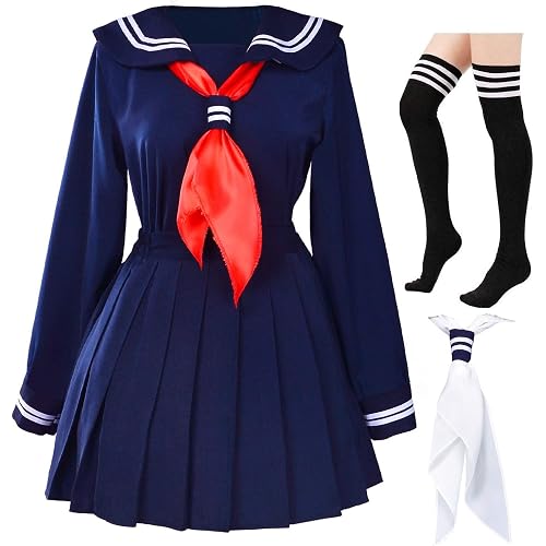 Elibelle Japanese School Girls Uniform Sailor Navy Blue Pleated Skirt Anime Cosplay Costumes with Socks Set(SSF13)