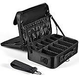 Large 15" Makeup Train Case Organizer, 3 Layers Travel Makeup Bag Cosmetic Toiletry Bag with Shoulder Strap and Adjustable Di