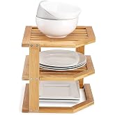 Bamboo Wood Corner Shelf Storage Organizer for Organizing Plates and Bowls 3 Tier Kitchen Corner Rack for Countertop Cabinet 