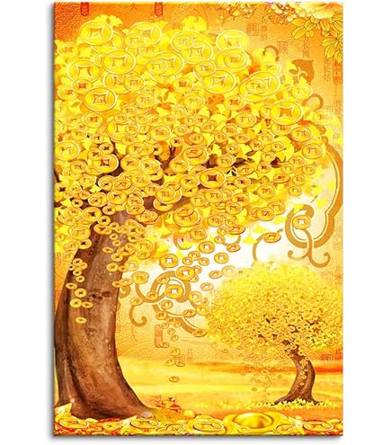 Amazon.co.jp: 黄金の幸運の木アートパネル 金のなる木壁掛け 絵画