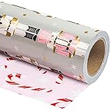 WRAPAHOLIC Reversible Christmas Wrapping Paper - Mini Roll - 17 Inch X 33 Feet - Nutcracker and Candy Cane Printed on Pearliz