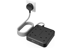 LENCENT Extension Lead with USB C Port, 4 Way Outlets Power Strip with 2 USB-C and 2 USB Slots, Multi Power Plug Extension with 1.8M Braided Extension Cord for Home Office 3250W- Black