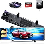 ドライブレコーダー ミラー型 12インチIPS大画面 4K 64GB SDカード ドライブレコーダー 前後カメラ GPS機能搭載 ドラレコ SONY IMX589センサー ミラレコ 170度広角視野 HDR/WDR画像補正 全国LED信号機&地デジノ