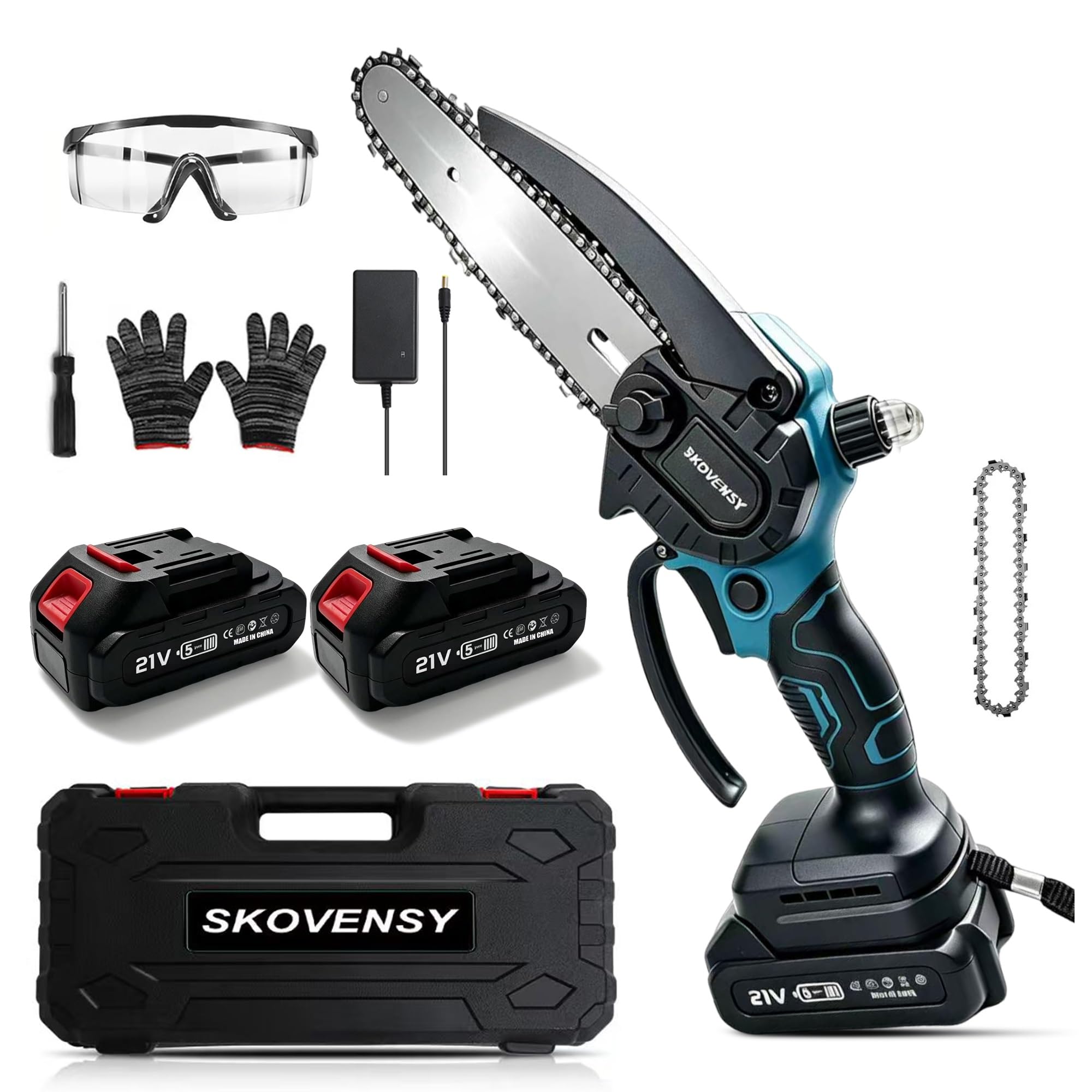 SKOVENSY チェーンソー 充電式 6インチ 小型 バッテリー2個付 ハンディ 電動チェーンソー ブラシレス550W 軽量0.82kg ブルー | 最大切断径14cm, 片手で扱える軽さ, 二重安全ロック, 収納ケース付, 日本語取扱説明書, 庭