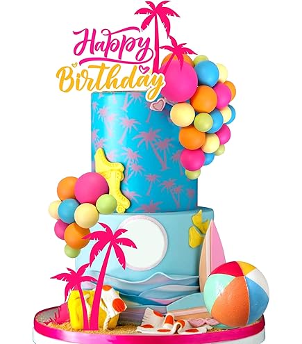 Summer Pink Happy Birthday Cake Topper - Hawaii Beach Theme Decor With Ball, Palm Tree, Surfboard