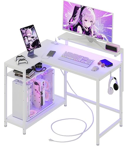 MoonMeguriデスク L字型 モニター台可動棚板　ホワイト, 幅110cm Amazon | MoonMeguri L字デスク 机 幅110×奥行80×高さ84.5~108.5cm