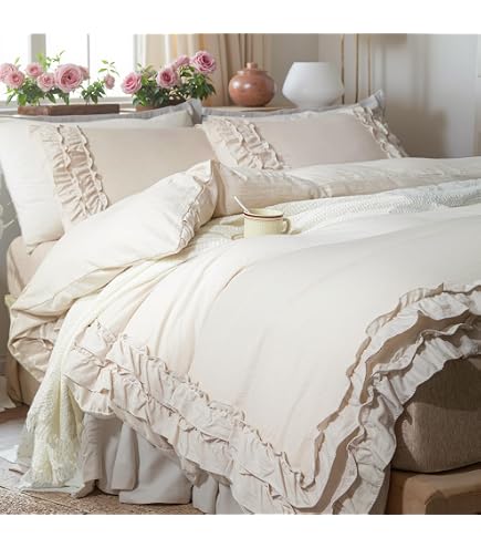 LELVA Shabby Chic Duvet Cover Set Queen - 4 Piece, Cotton, Ruffle Lace, Khaki, Includes Bed Skirt