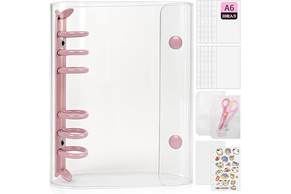 GOKEI A6サイズ 透明バインダー シール手帳 ミニ 【バインダー×1個 リフィル×20枚 チャック付きポケット×2枚 下敷き×2枚】プリ帳 カードスリーブ はがせる ポケットサイズ 女の子 ピンク