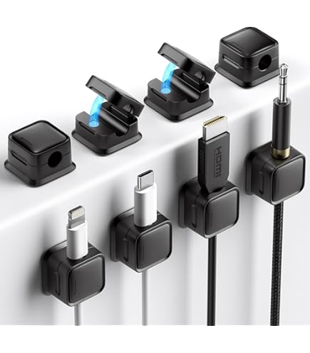 6 Rotatable Cord Holder Clips + 2 Silicone Charger Protectors - Cable Management Kit For Desk, Car, Home