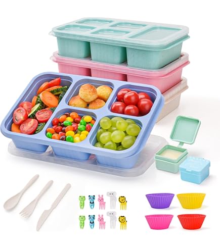 8 Lunch Box Bento Youngever Con 3 Scomparti – 450 Ml, Divisi, In Plastica BPA Free, Lavastoviglie E Microonde