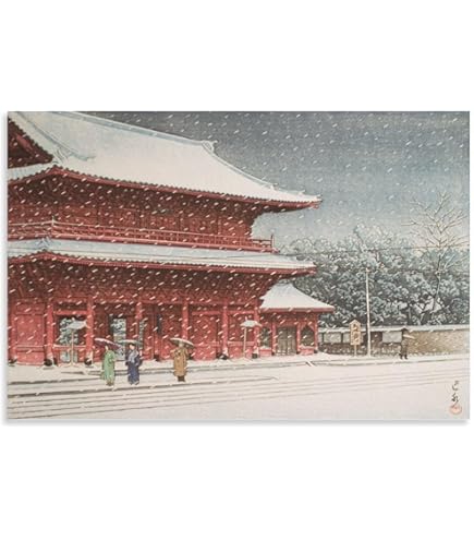 Amazon.co.jp: 川瀬巴水 「雪の増上寺」 昭和四年 版画 大判ポスター