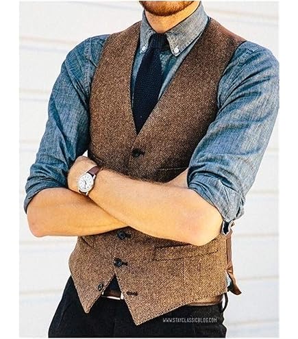 Amazon.co.jp: ブラウンヘリンボーンツイードベストスリムメンズスーツ