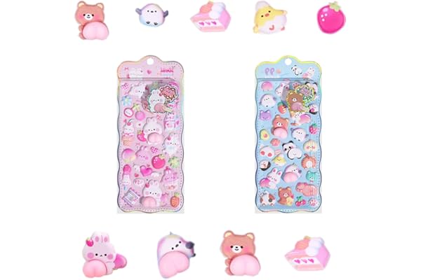 Chaojibao 2枚 おしりシール ぷにぷに 3D立体ステッカー かわいい スマホケース飾り用 ポップシール 手帳用ステッカー ごほうび デコシ ール キラキラ 子供 女の子 DIY用 手帳・水筒・スマホケース・アルバム飾り用 (ピンクブルー)