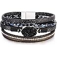 FANCY SHINY Leather Wrap Bracelet Boho Cuff Bracelets Crystal Bead Bracelet with Magnetic Clasp Jewelry Gifts for Women Teen 