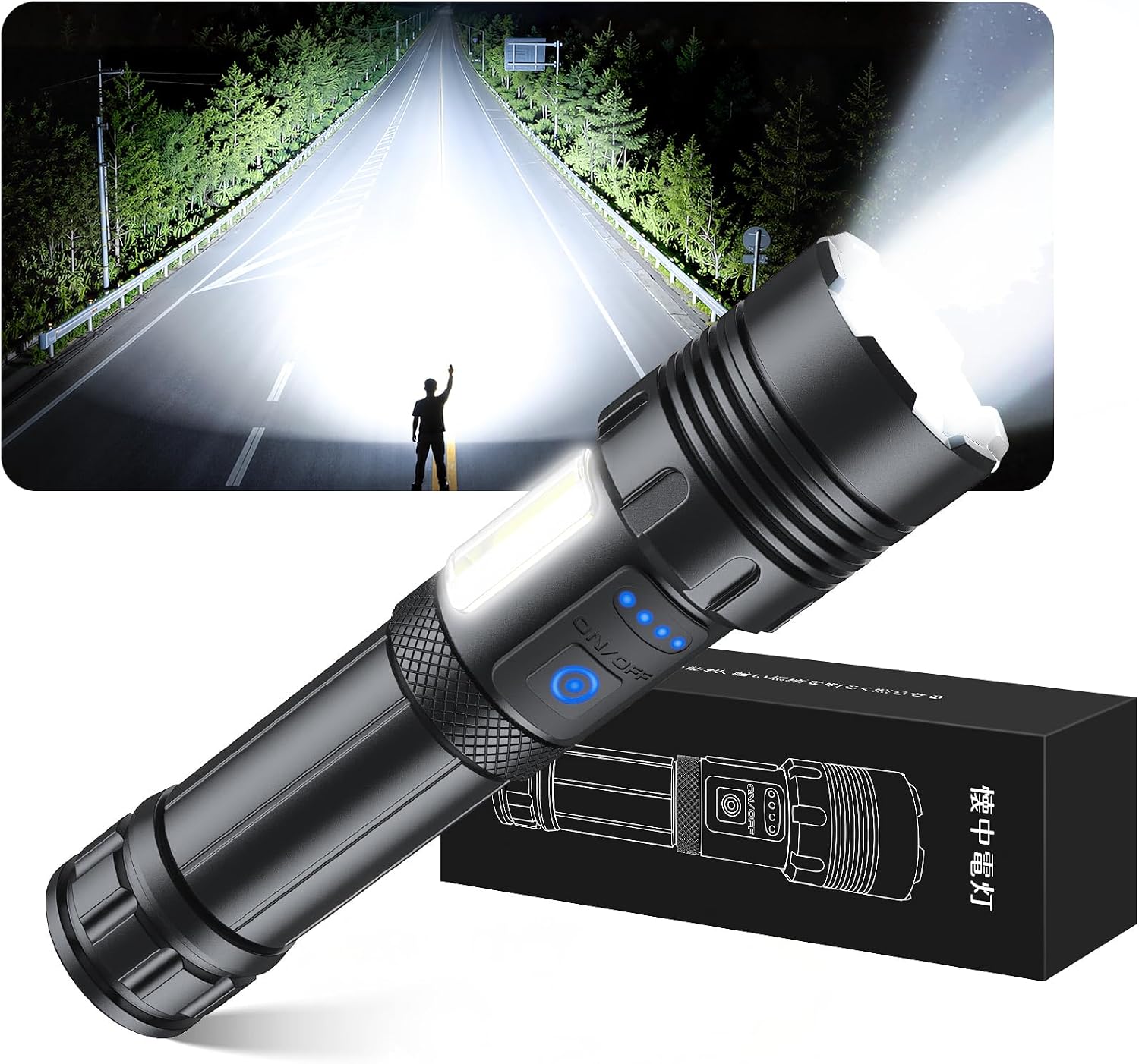 アセキ 懐中電灯 強力 5000mAh 【防災士監修・超高輝度XHP160チップ】led 充電式/電池式 単4形電池対応 軍用 最強 ハンディライト | COB作業灯 IPX6防水 7モード調光 ズーム式 耐衝撃 残量表示機能 作業用 停電 地震 避難対策 防災グッズ