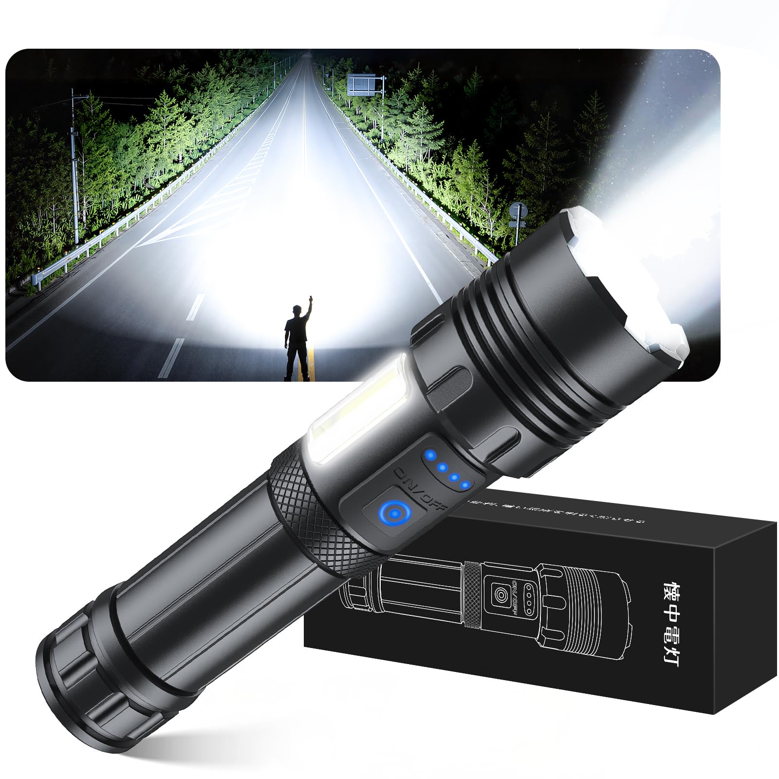 アセキ 懐中電灯 強力 5000mAh 【防災士監修・超高輝度XHP160チップ】led 充電式/電池式 単4形電池対応 軍用 最強 ハンディライト | COB作業灯 IPX6防水 7モード調光 ズーム式 耐衝撃 残量表示機能 作業用 停電 地震 避
