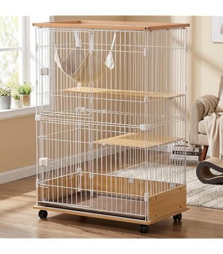 Amazon.co.jp: 猫 ケージ 木製 2段 キャットケージ 無垢材フレーム 欅