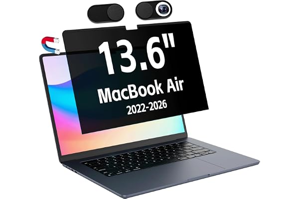 Macbook Air 13.6/13 (2022-2026、M2、M3、M4、M5)用マグネット覗き見防止フィルム、取り外し可能なブルーライトカットアンチグレアスクリーンフィルター、Mac ートパソコン用の磁石ぞき見防止