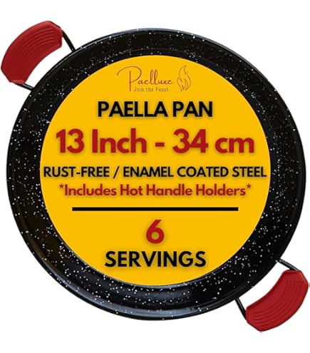 Machika Enamel Paella Pan - 15 Inch Steel Skillet For Authentic Paella & Rice Dishes, 8 Servings