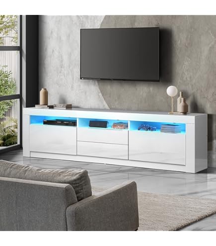 Modern TV Cabinet In High-gloss White With A Wood Look And Glass Shelves 180 Cm Stylish Tv Cabinet With Practical Storage For