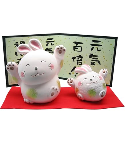 萬古焼 うさぎ置物 明治萬古窯 兎置物】「萬古不易」陽刻印象嵌共箱