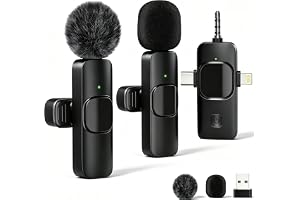 Gicorino 2 Pack Wireless Lavalier Microphone for iPhone, Android & Camera | Mini mic: 2 clip-on mics with noise reduction for interviews, podcasts, vlogs and TikTok; 65FT range and 6H battery life.