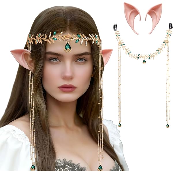 Set Déguisement Elfe Renaissance – Couronne, Oreilles, Gants Dentelle – Adulte – Halloween, Mariage