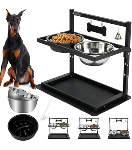 Jovrun Elevated Dog Bowls Stand - 5 Height Adjustable, With 2 Stainless Steel Bowls & 1 Slow Feeder, For Medium/Large Dogs