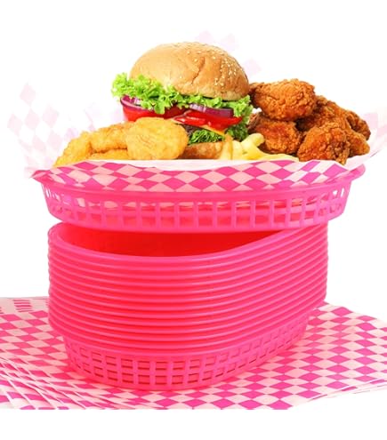60 Pack Red Plastic Fast Food Baskets – 10.5x7 Inch, Oval Retro Trays For Burgers, Fries, Picnics, Restaurants & Parties