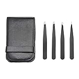 Amazon Basics ピンセット ステンレス製 4個セット 眉毛用 先斜め・先細・平タイプ ブラック(以前はAmazonCommercial ブランド)