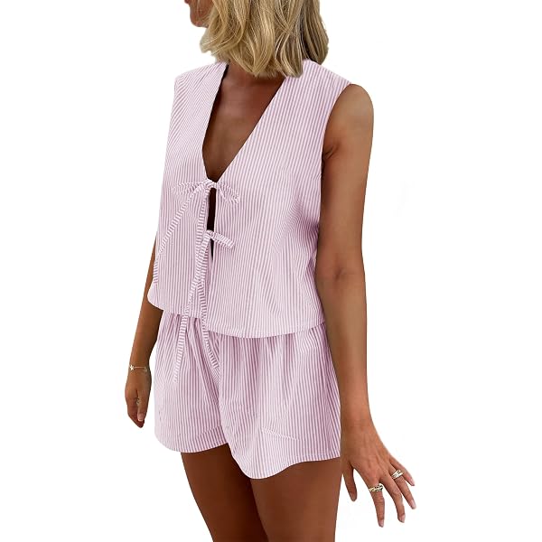 Lu's Chic Women's Short Sleeve Pajama Set - Striped V-Neck Top & Shorts - Soft Cotton Loungewear - View #5