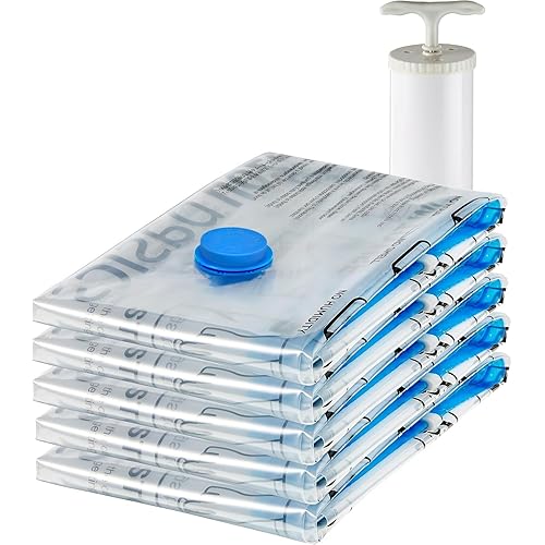 Amazon Basics Reusable Vacuum Compression Storage Bags with Free Hand Pump - Medium, 5-Pack - Best for Travel Packing